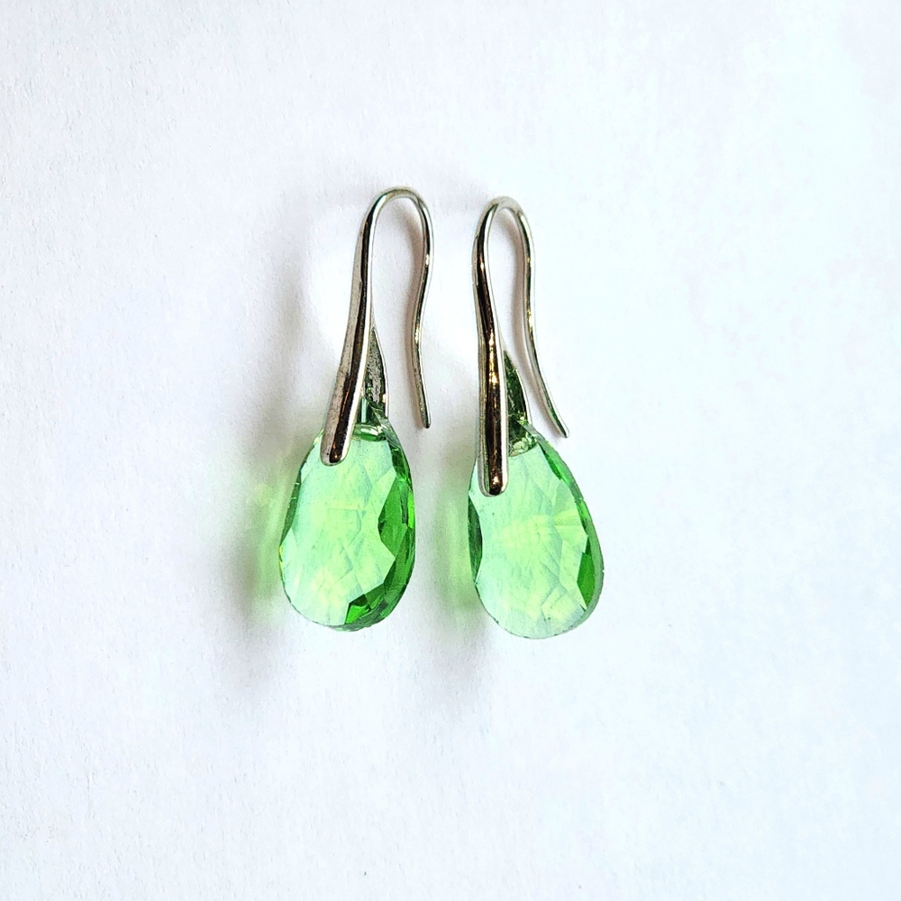 Green Waterdrop Teardrop Crystal Silver Drop Dangle Silver Hook Earrings